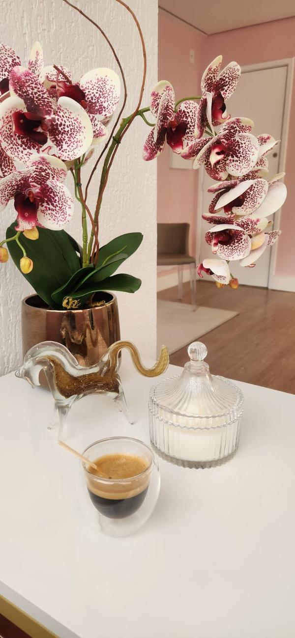 Detalhe acolhedor da recepção - orquídea e café